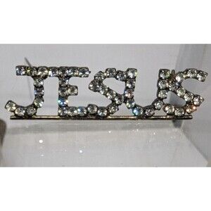 Jesus Rhinestone  Silver Tone Brooch Pin Christian Faith Prayer God Vintage